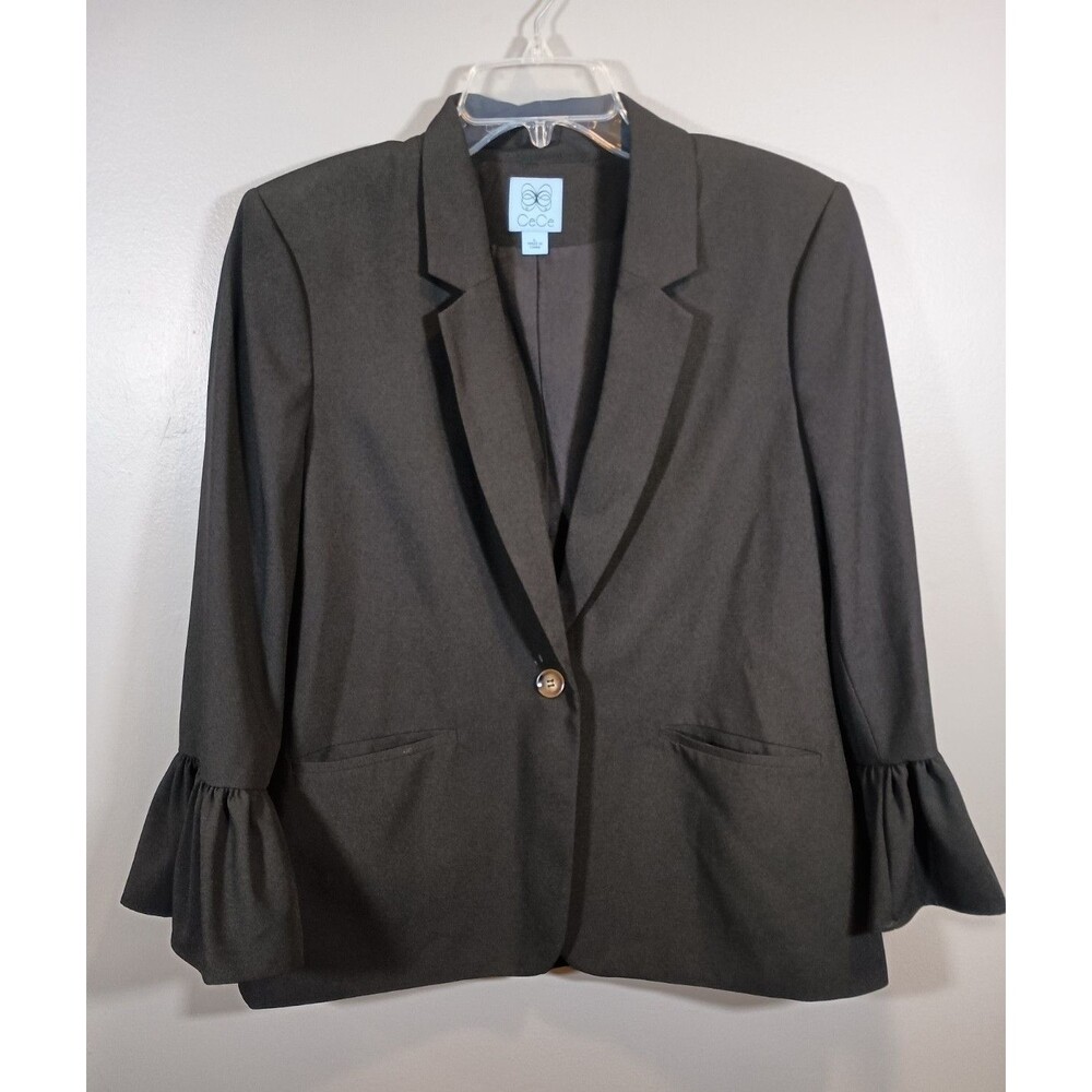CeCe Nordstrum Black Pocket Womens Ruffle Flared Sleeve Blazer Size Large Career